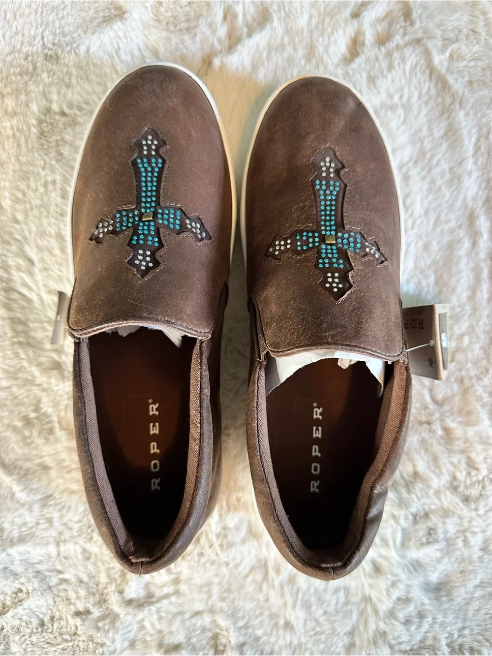 Roper Western Slip-On Sneakers Brown Turquoise Cross Studded Women’s 9